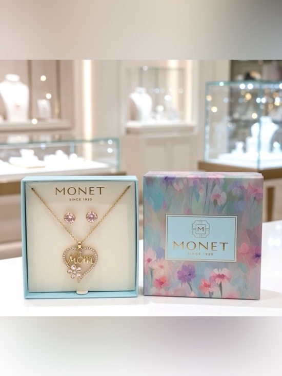 Monet Jewelry - Monet Gold-Tone 'Mom' Heart Pendant Necklace and Pink Crystal Stud Earrings